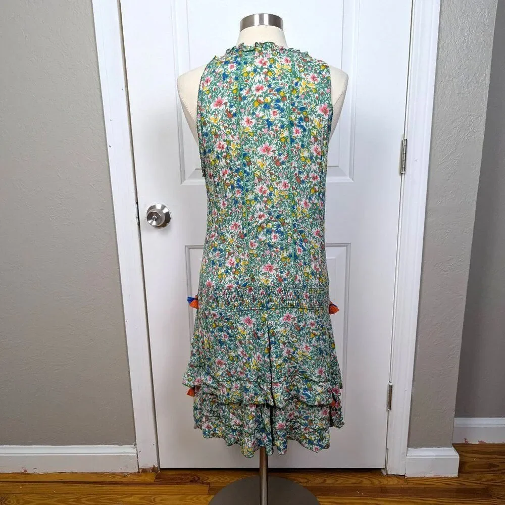 Poupette St Barth | Green Floral Sleeveless Keyhole Mini Dress Tassel Size Mediu